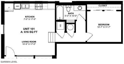 Floor plan for 1 bed, 1 bath, 616 sqft